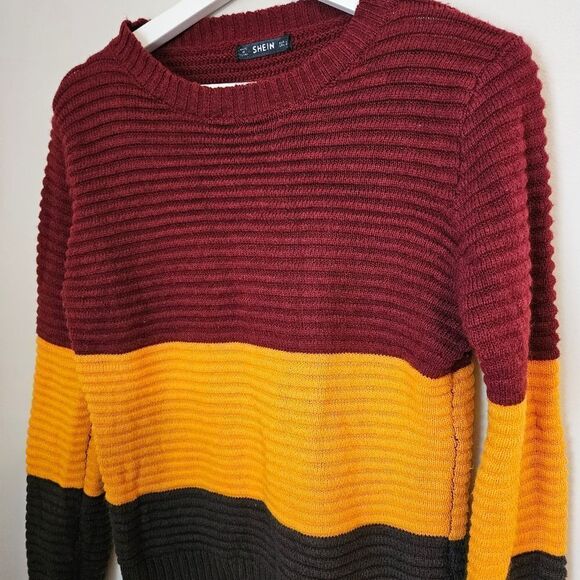 SHEIN Sweater Colorblock Stripe Red Yellow Green Knit Business Casual Fall Cute - Picture 2 of 6